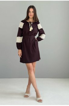 Коричневое льняное платье