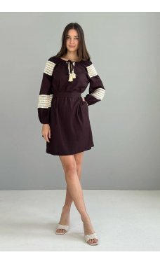 Коричневое льняное платье