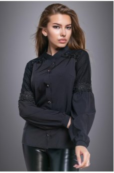 Стильная черная блузка из софта с ажурным кружевом