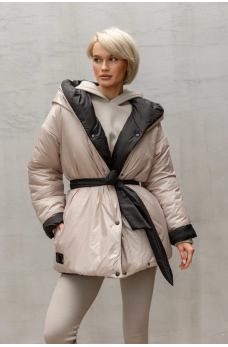 Черно-бежевая двухсторонняя куртка с поясом