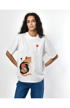 Белая универсальная футболка с кошачьим принтом