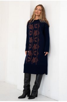 Сине-коралловое вязаное платье-миди