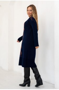 Сине-коралловое вязаное платье-миди