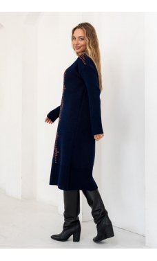 Сине-коралловое вязаное платье-миди