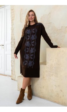Шоколадно-лиловое повседневное вязаное платье