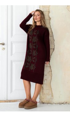 Бордово-карамельное теплое вязаное платье