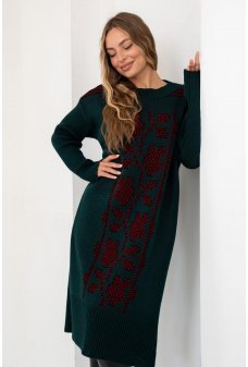 Изумрудно-красное уютное вязаное платье