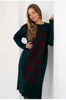 Изумрудно-красное уютное вязаное платье