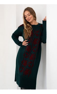 Изумрудно-красное уютное вязаное платье