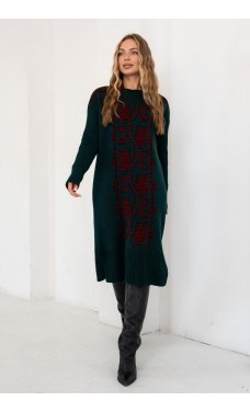 Изумрудно-красное уютное вязаное платье