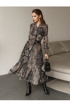 Женственное коричневое платье из принтованного шифона
