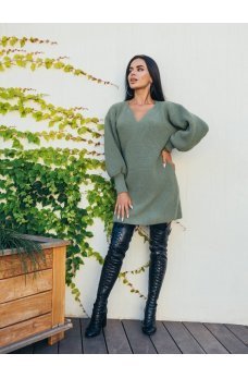 Оливковое вязаное трендовое платье мини 