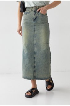 Зеленая длинная джинсовая юбка с карманами