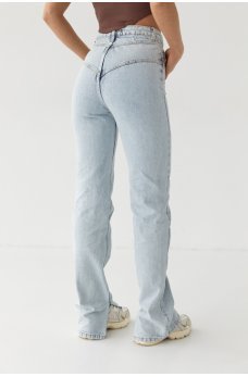 Небесно-голубые молодежные джинсовые брюки с фигурной кокеткой