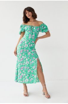Зеленое цветочное платье миди с разрезом
