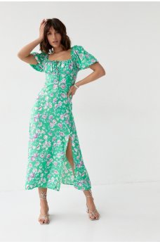 Зеленое цветочное платье миди с разрезом