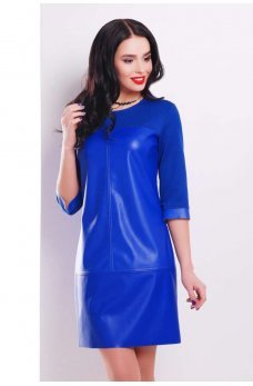 Комбинированное синее платье с эко кожи и джерси