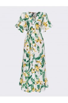 Эффектное светлое летнее платье с тропическим принтом