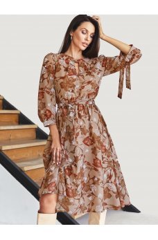 Нежное бежевое шифоновое платье с цветочным принтом