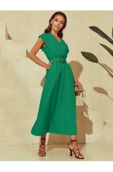 Зеленое льняное эффектное однотонное платье макси