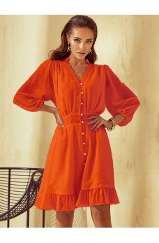Оранжевое шифоновое платье с фактурным горошком