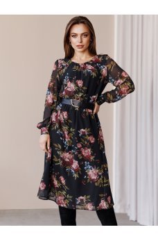 Черное цветочное шифоновое платье миди