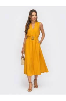 Желтое гламурное льняное платье миди