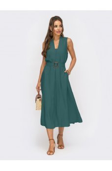 Зеленое гламурное льняное платье миди