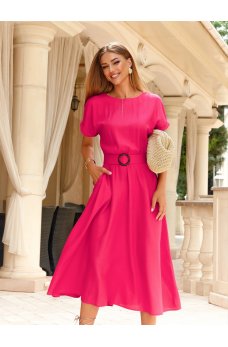 Розовое яркое легкое платье миди из льна