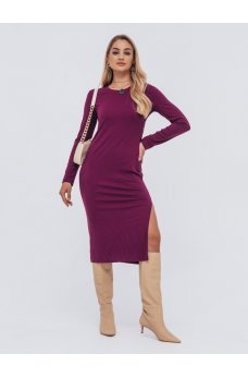 Фиолетовое однотонное платье миди с разрезом