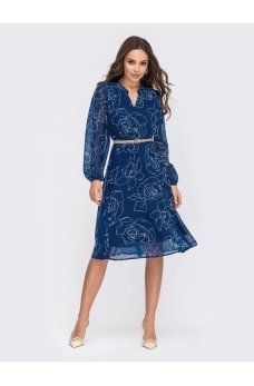Синее элегантное шифоновое платье миди