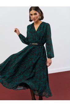 Зеленое романтическое шифоновое платье с поясом
