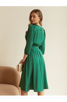 Зеленое шелковое платье-клеш с принтом в горох