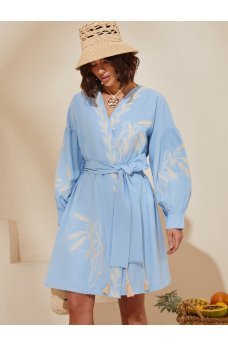 Голубое короткое котоновое платье-кимоно