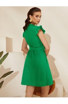 Зеленое базовое летнее платье-трапеция с поясом