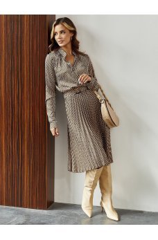 Коричневое привлекательное платье-миди с принтом в горох