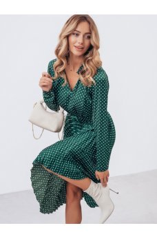 Зеленое шелковое принтованное женское платье с поясом