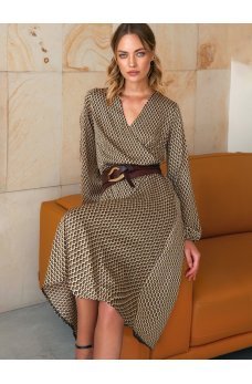 Коричневое шелковое принтованное платье с поясом