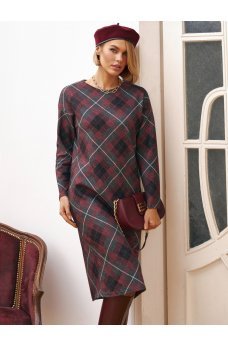 Бордовое базовое теплое платье-миди в клетку