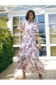 Белое актуальное длинное шифоновое платье с цветочным принтом