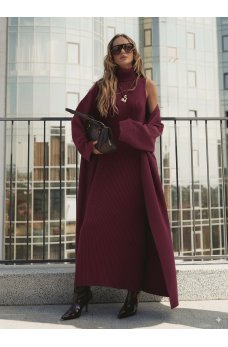 Бордовый эффектный женственный костюм с платьем и кардиганом