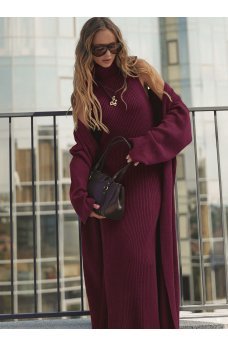 Бордовый эффектный женственный костюм с платьем и кардиганом