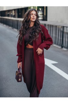 Бордовый элегантный длинный кардиган с карманами