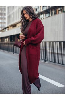 Бордовый элегантный длинный кардиган с карманами