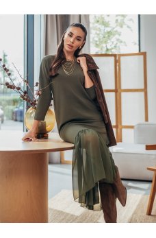 Жентвенное свободное платье-миди цвета хаки