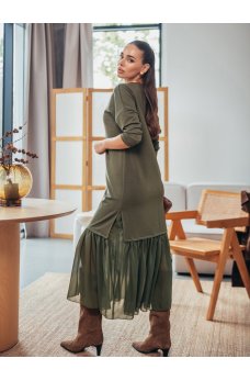 Жентвенное свободное платье-миди цвета хаки