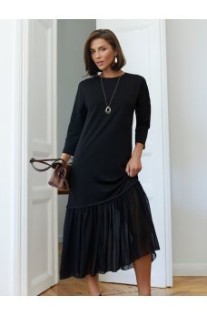 Черное трендовое платье-миди с шифоновой оборкой