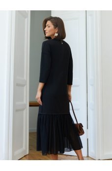 Черное трендовое платье-миди с шифоновой оборкой