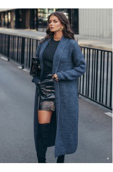 Синий шикарный длинный кардиган из полушерсти