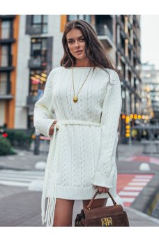 Теплое короткое платье-туника молочного цвета